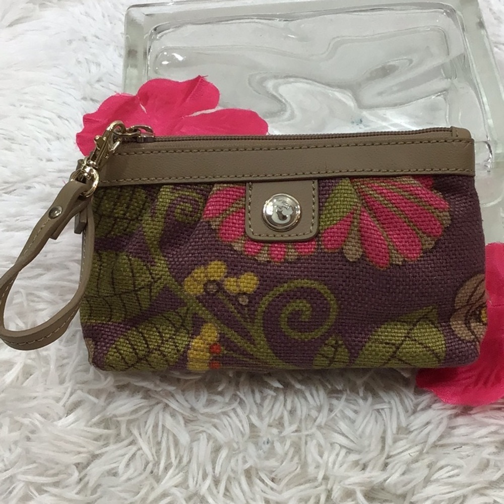 Spartina leather and linen wristlet